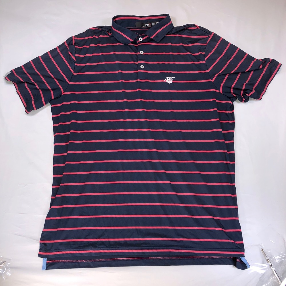 RLX Ralph Lauren Mens XL Performance Golf Polo Navy Pink Striped Short Sleeve